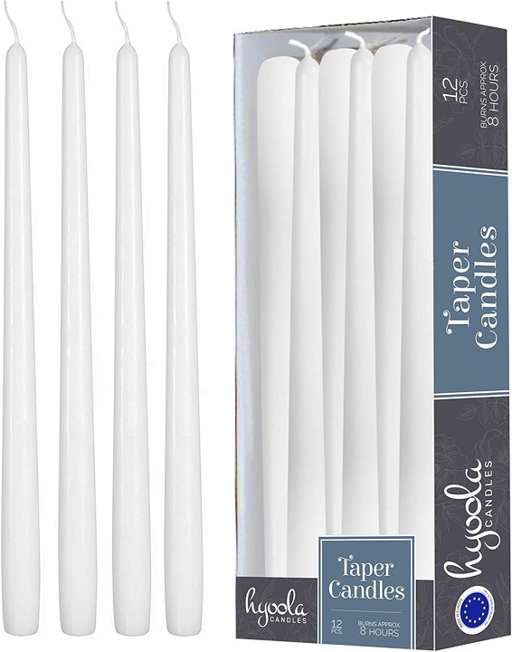 Tall Taper Candles 10 Inch White Dripless 12 Pack 8 Hour Burn Time