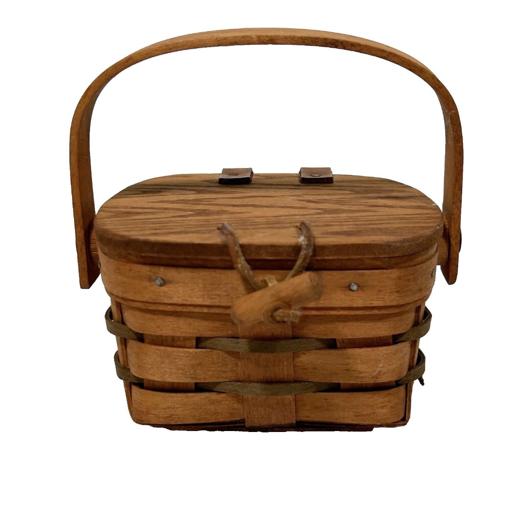 Longaberger Mini Picnic Basket Vintage 1990 Lidded Leather Hinged Signed