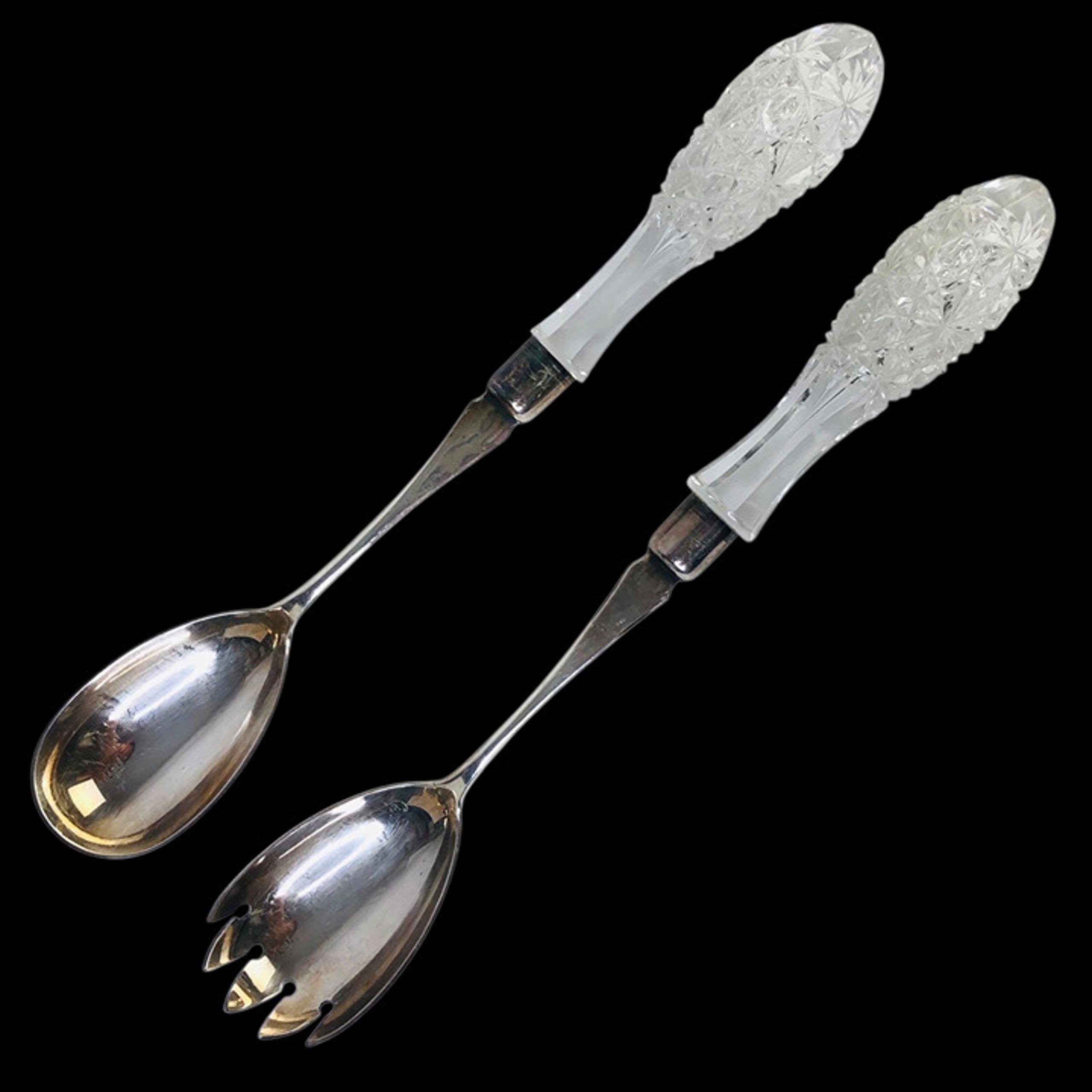 Vintage GORHAM Silverplated Salad Servers Set ABP Cut Crystal Handle Spoon Fork