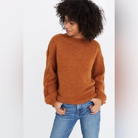 Madewell Cable-Sleeve Boatneck Boxy Cropped Wool Sweater in Saddle Brown Size XS