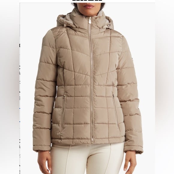 Calvin Klein Birch Color Water Resistant Puffer Jacket W/Faux Fur Lining Reemoly