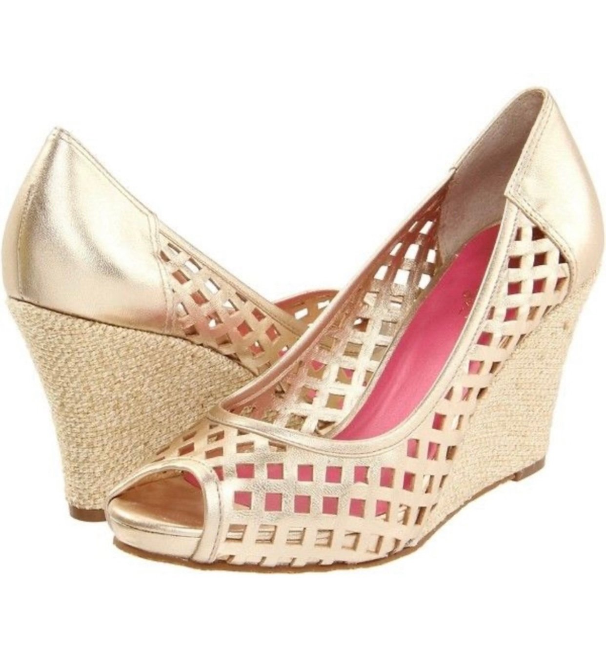 Lilly Pulitzer 6.5 Resort Chic Gold Leather Basketweave Peep-Toe Wedges shoes