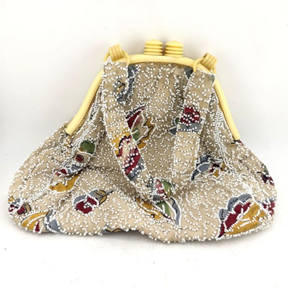 Vintage 1940s hand beaded silk floral top handle celluloid handbag purse bag