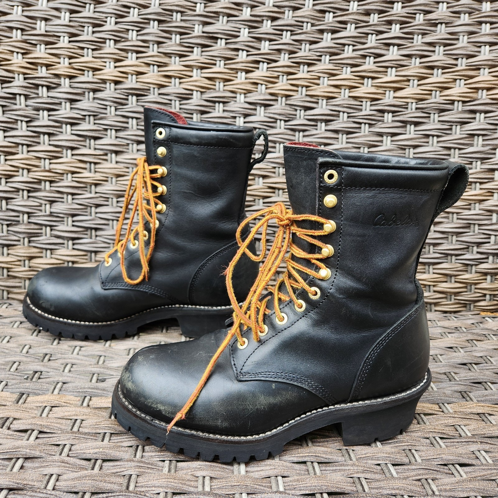 Cabelas Gore-Tex Logger Boots Black Leather Lace Up w/ Vibram Soles Men's 8.5