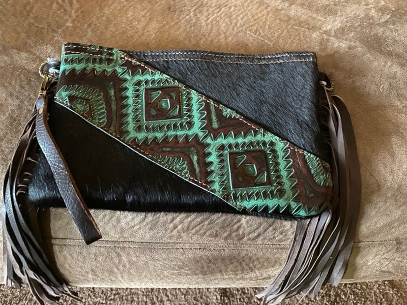 Hair-on-Hide Handbag with Turquoise