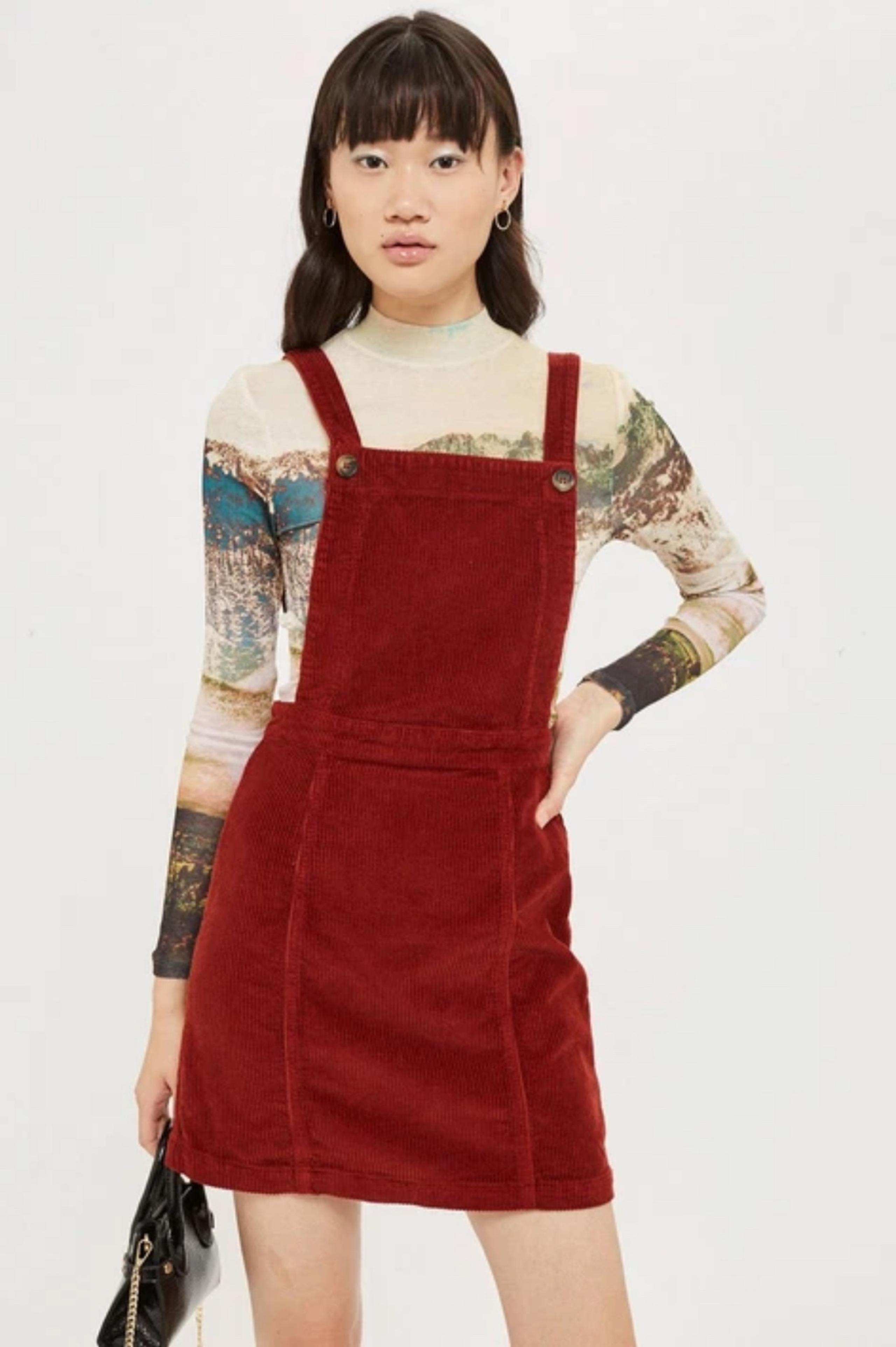 TopShop Rust Red Horn Button Corduroy Pinafore Dress Sz 4