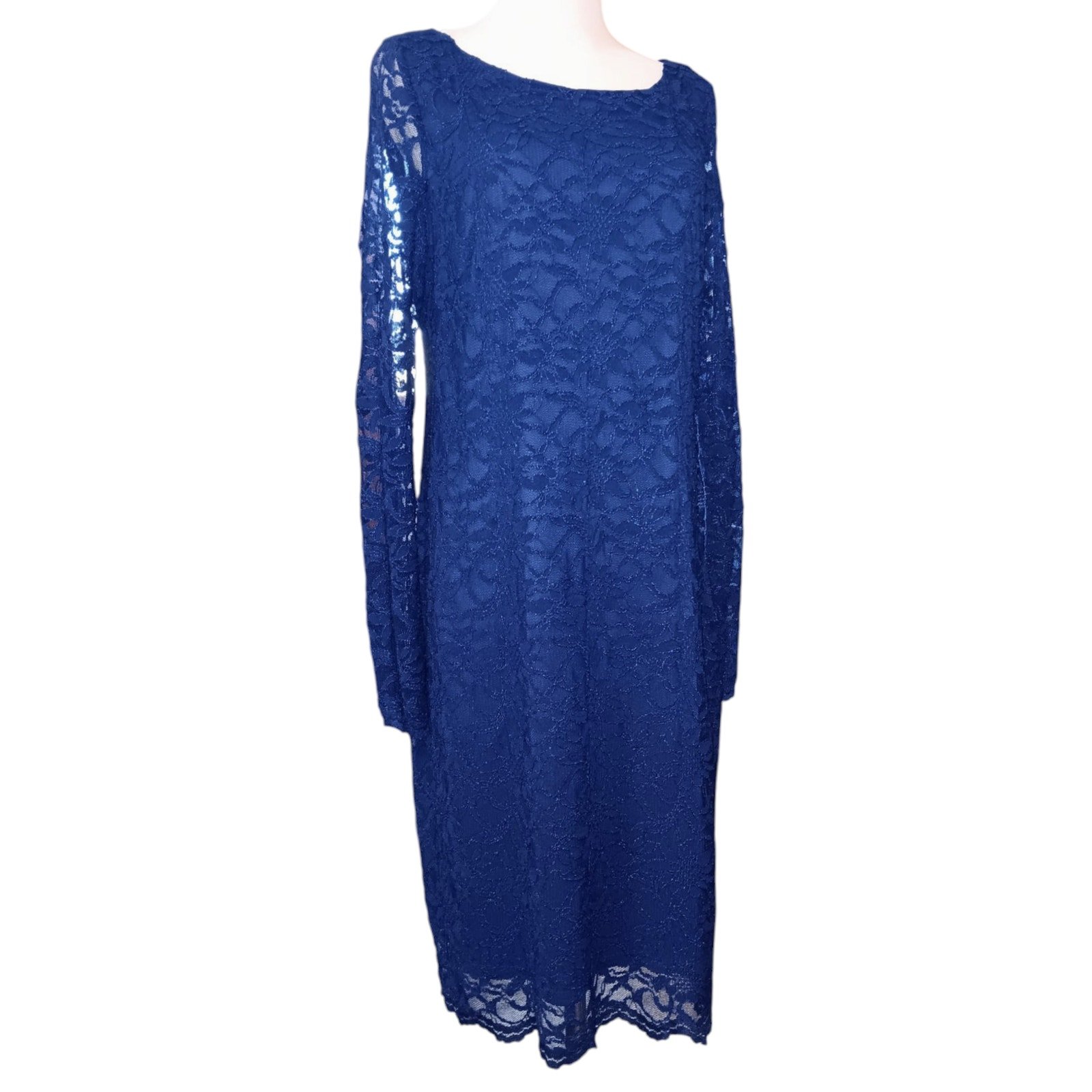 JESSICA HOWARD Midi Dress 14 Blue Lace Overlay Sheath Event Dressy Mother Of