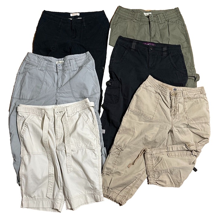 Cargo Capri Lot 6 Pair Cropped Pant & Shorts Black Gray Tan Green Retro Bundle 4