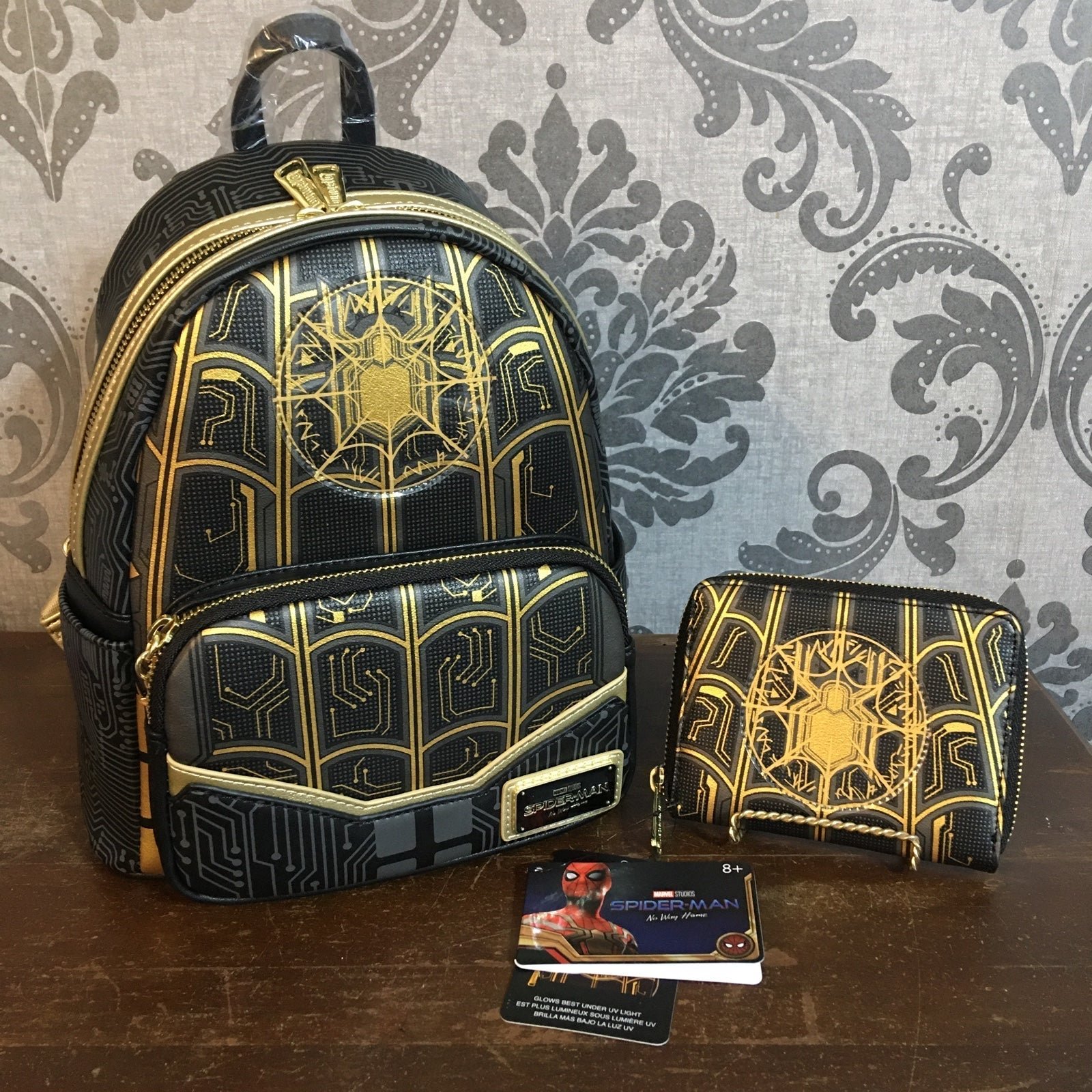 Loungefly Spiderman Lot Mini Backpack Wallet No Way Home Black Gold Glows N Dark