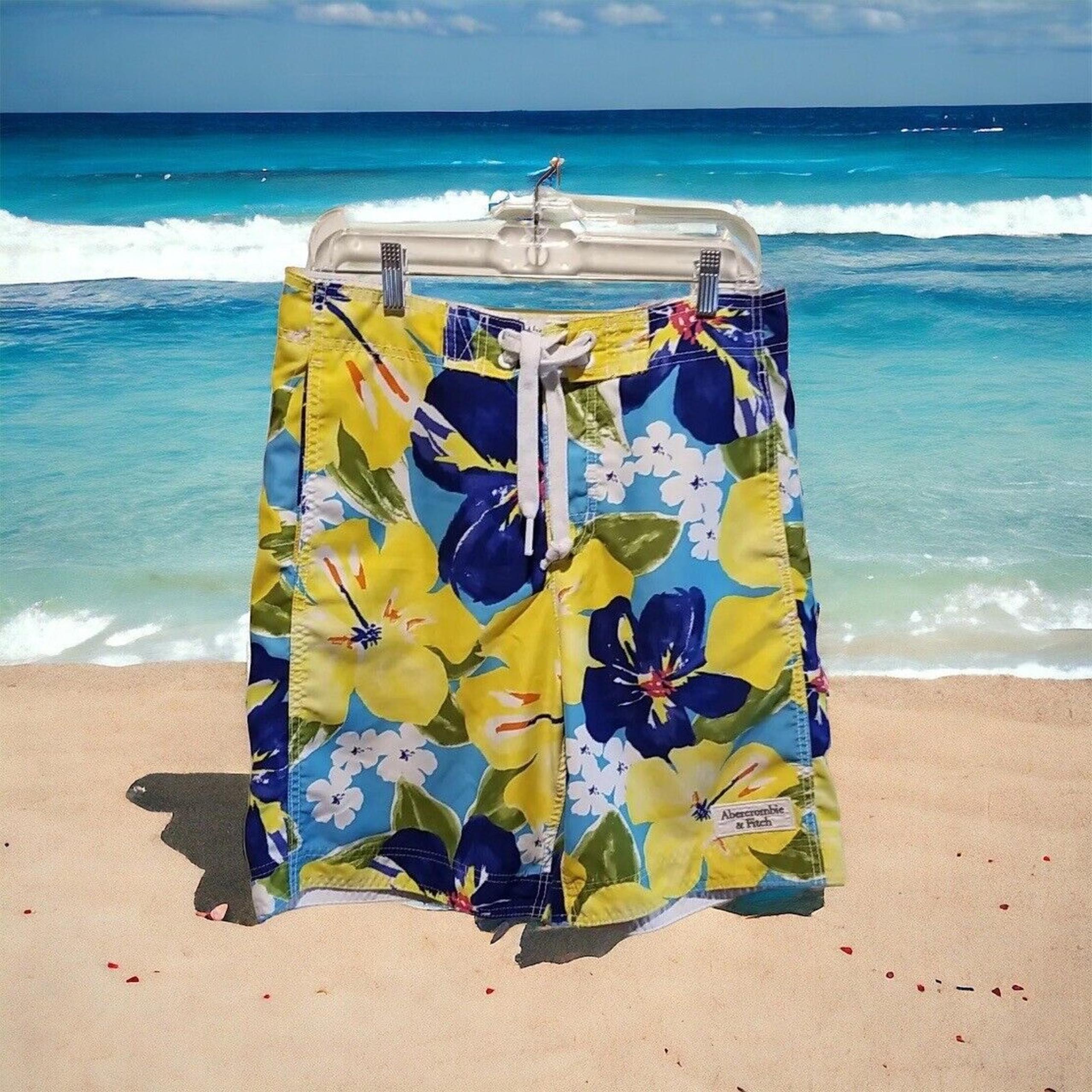 Abercrombie & Fitch Men's S Floral Hawaiian Board Shorts Yellow Blue Swim Trunks