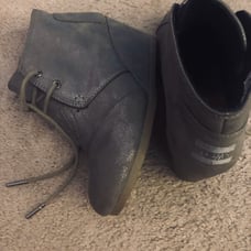 TOMS silver/gray lace wedge booties