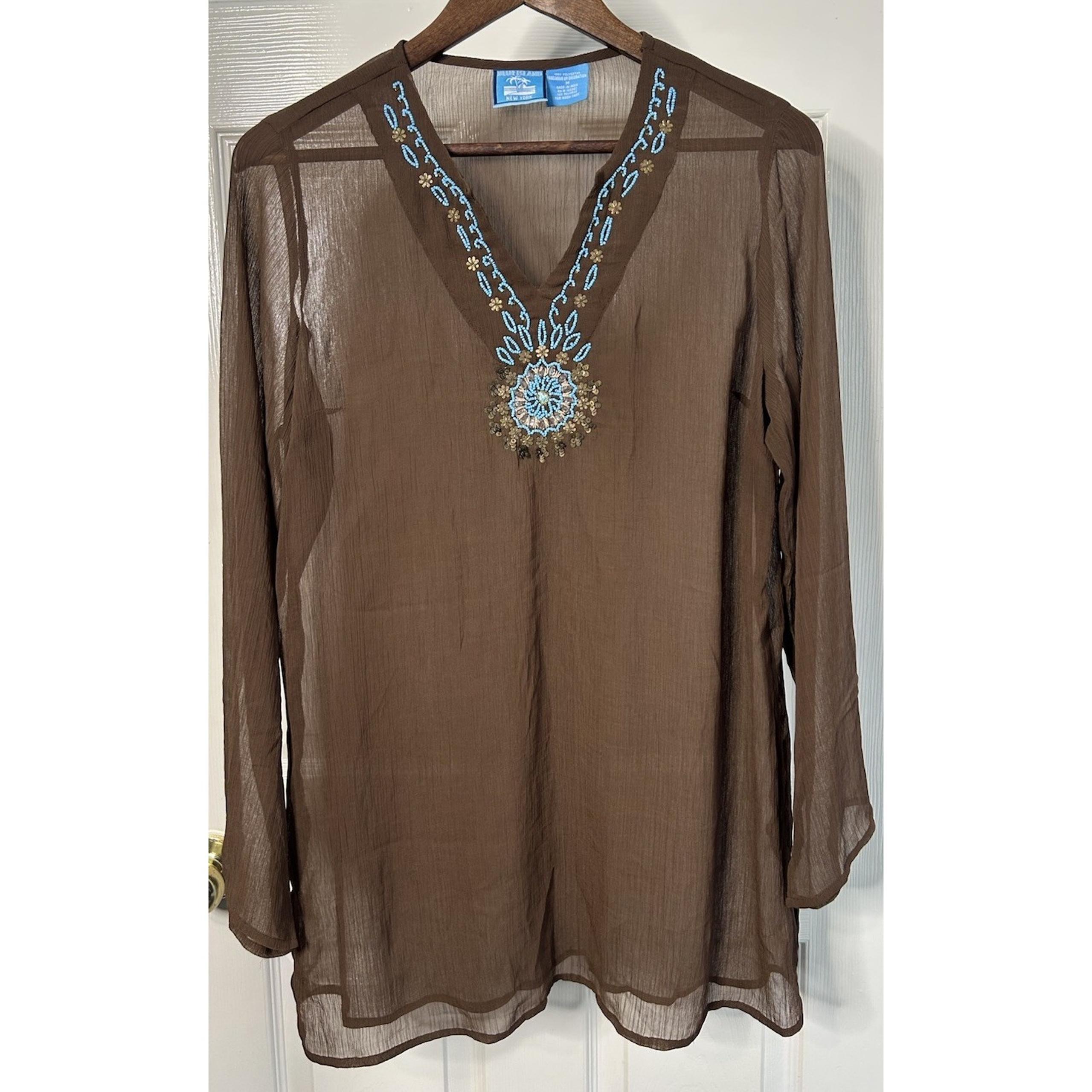 Blue Island New York Women's Turquoise Jewelry Brown Sheer Shirt Sz Medium Vacay