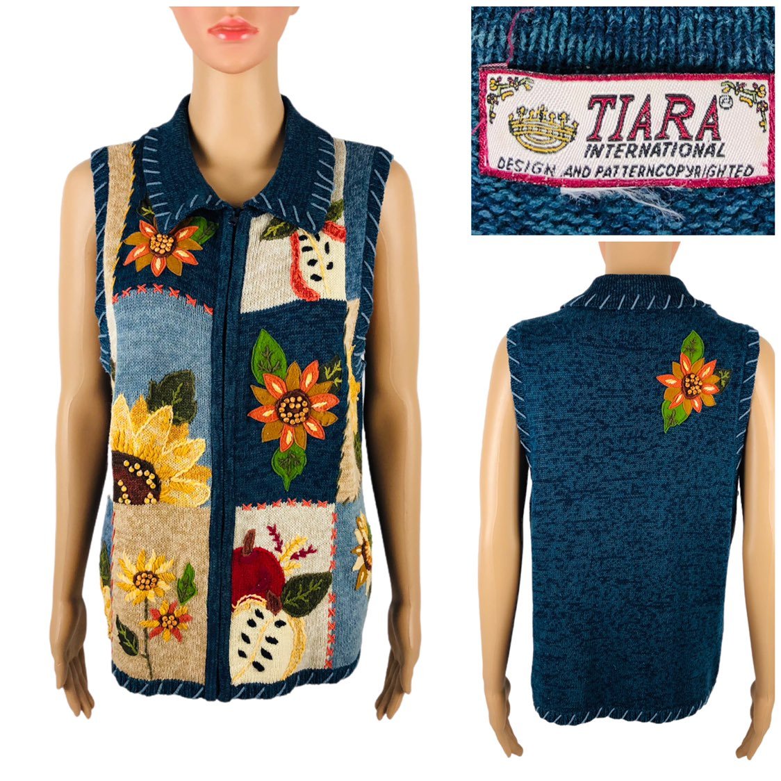 Tiara International Women Small Sweater Ramie Cotton Blie Vest Vintage EUC