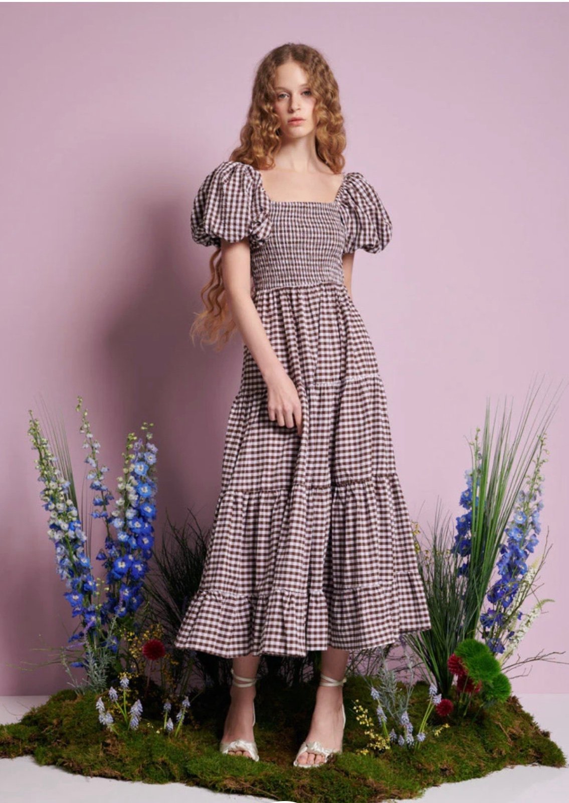 NWT Sister Jane Pollen Gingham Midi Maxi Dress brown check puff sleeve large 10