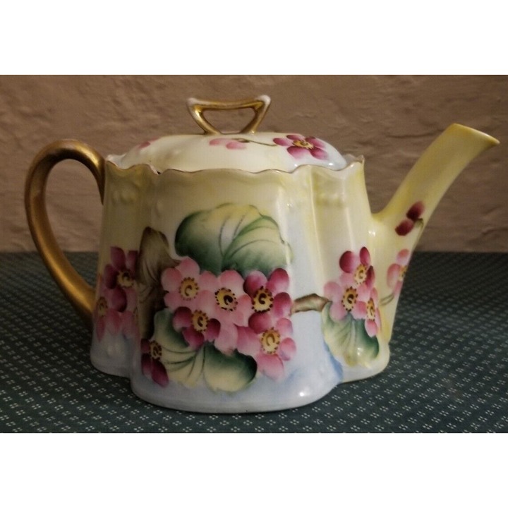 ZS & C Bavaria Porcelain Lidded Teapot Green Pink Floral Gold Gild