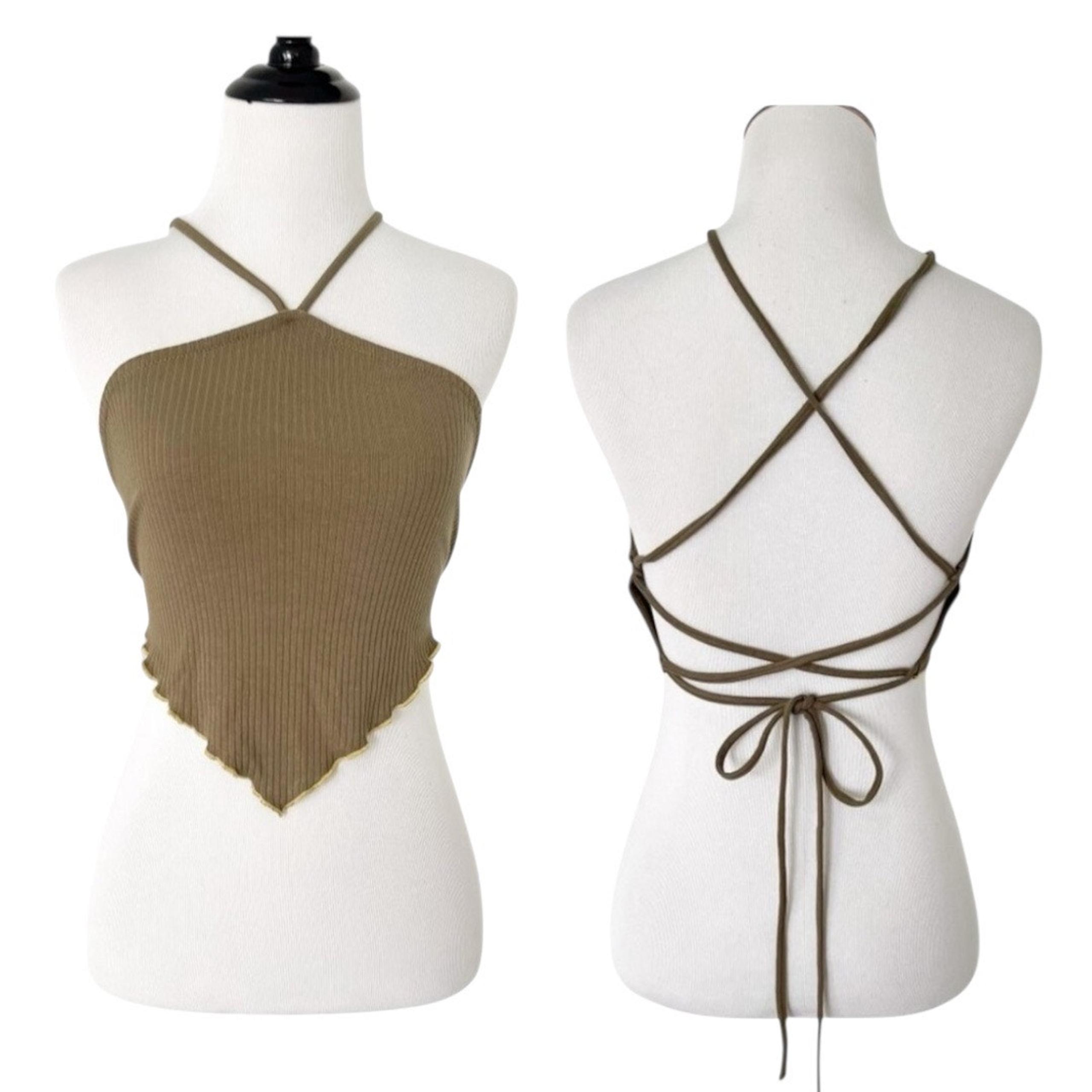 Medium Olive Green cropped Open Back halter top handkerchief style tank
