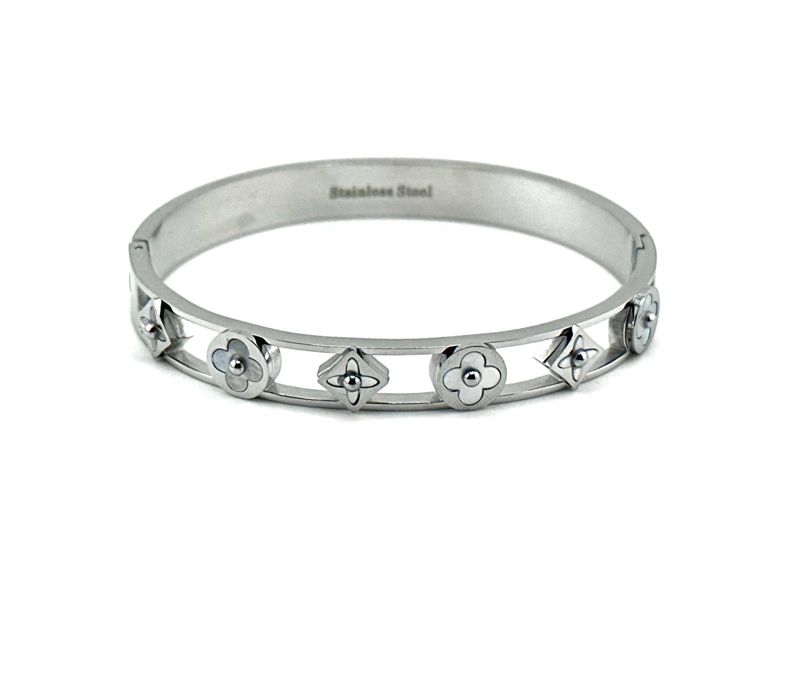 Stainless Steel Four Leaf Mother of Pearl Clover Bangle Bracelet
