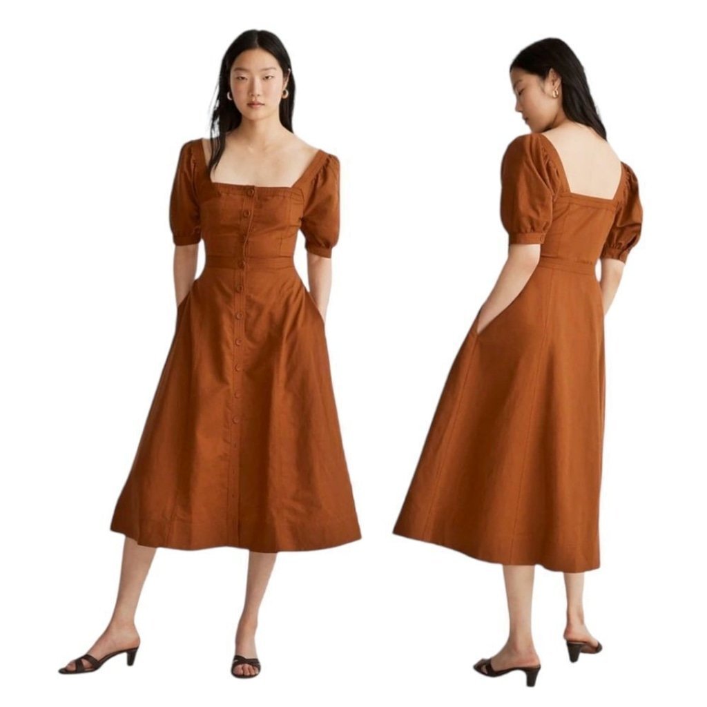 Madewell NWT Puff-Sleeve Button Down Midi Dress sz 2 in Warm Coffee