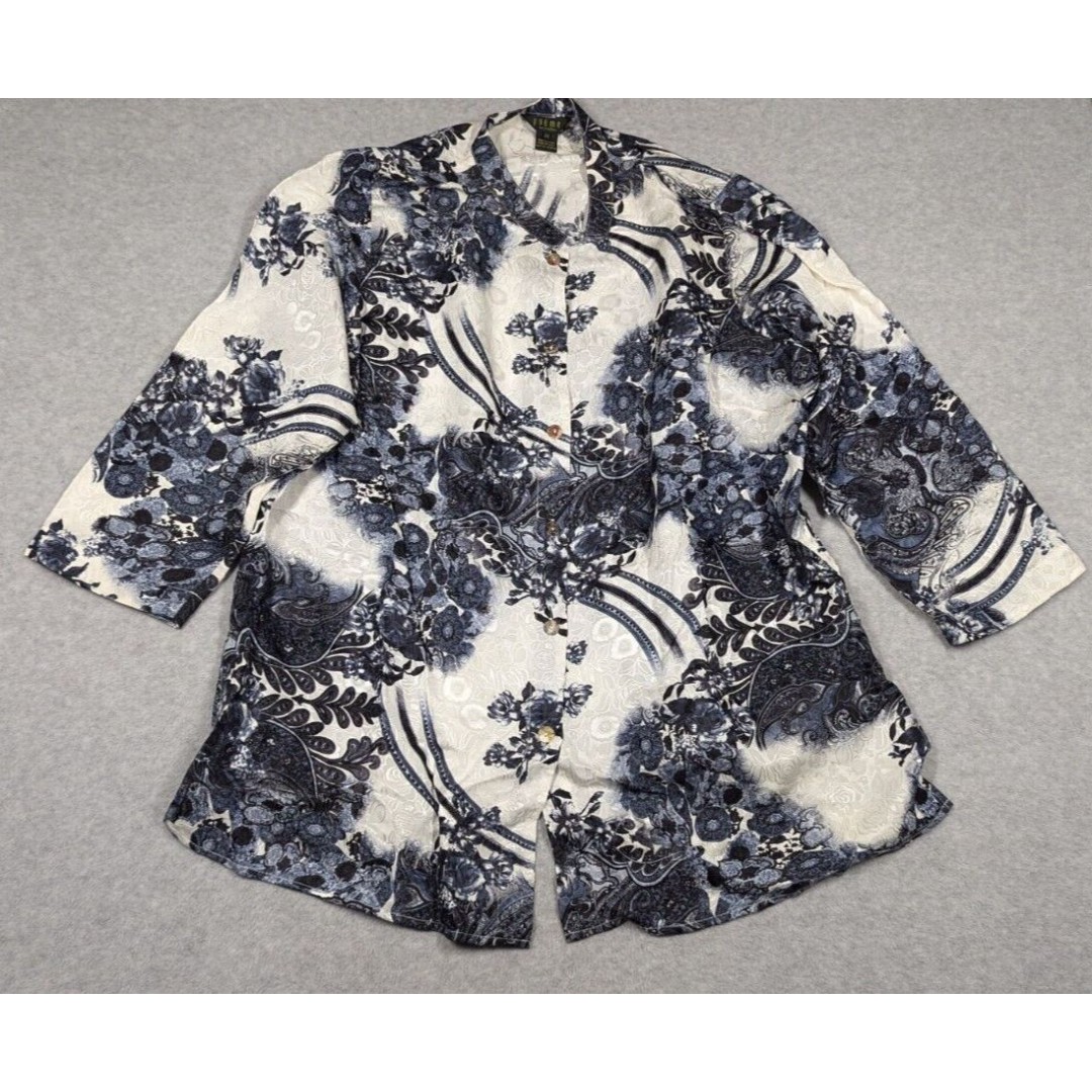 Poeme Citron Women Top 2X Floral Asian Inspired Button Up Silk Blend Lagenlook