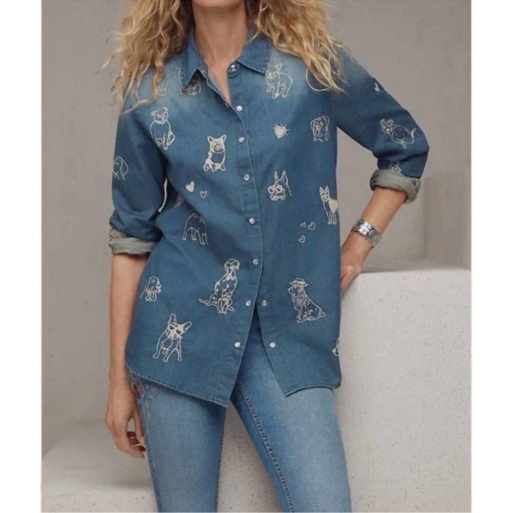 JOHNNY WAS tippi button down shirt in denim blue For Dog Lovers Size XL