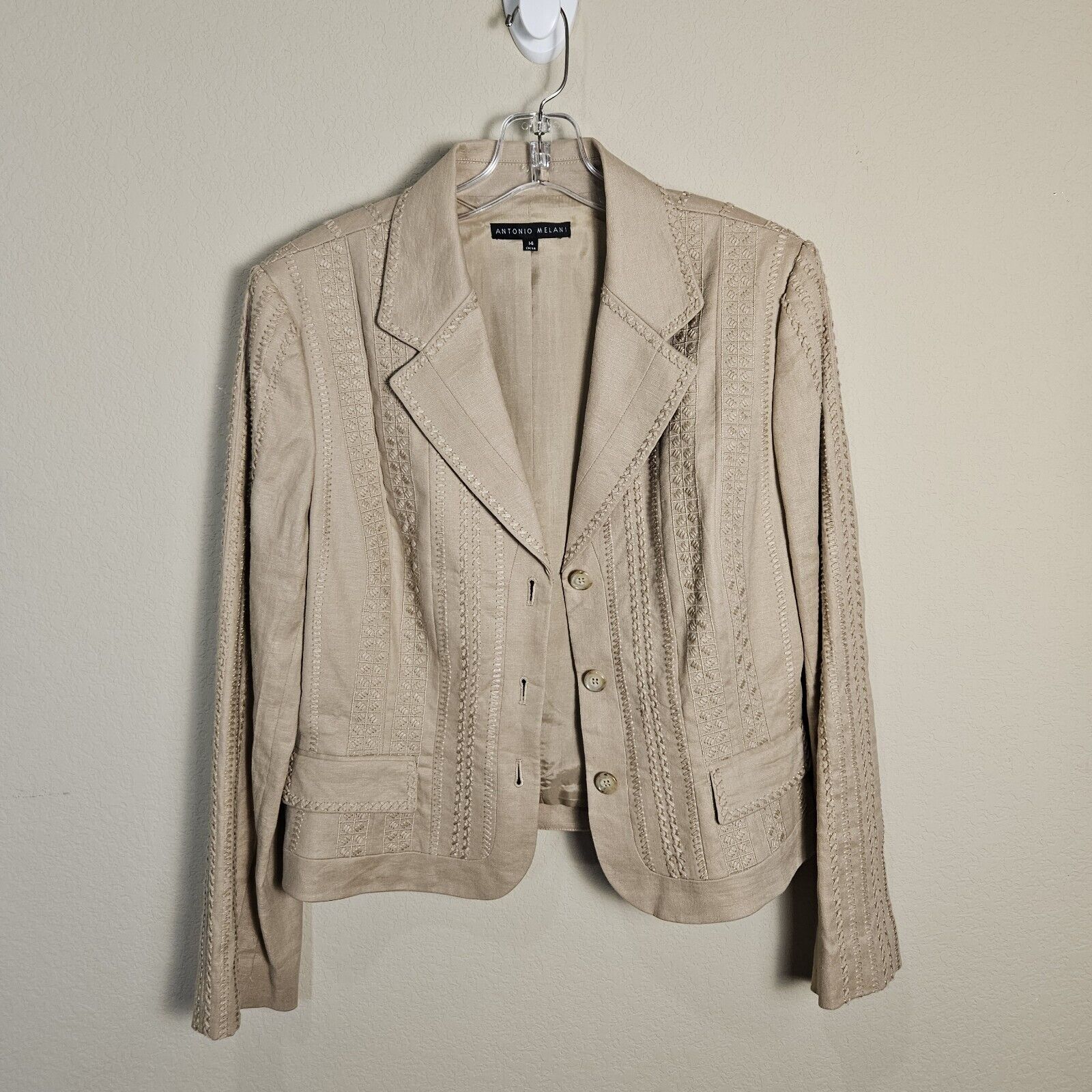 Antonio Melani Linen Jacket Blazer Size 14 Embroidered Lined Cottage Western Tan