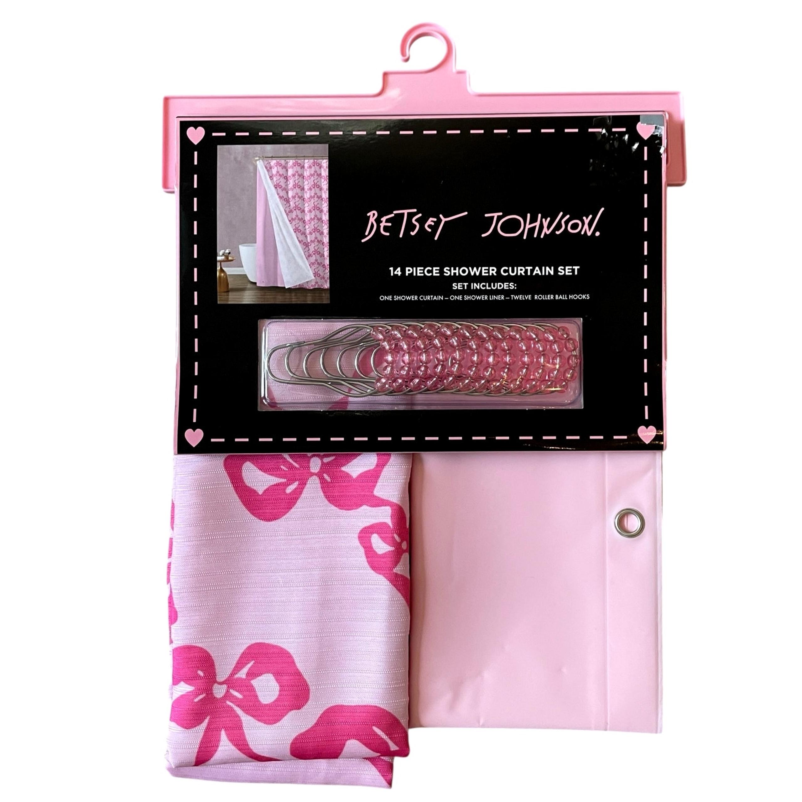 14pc Betsey Johnson Pink Bows Coquette Shower Curtain Hooks Liner Set 72x72 NEW