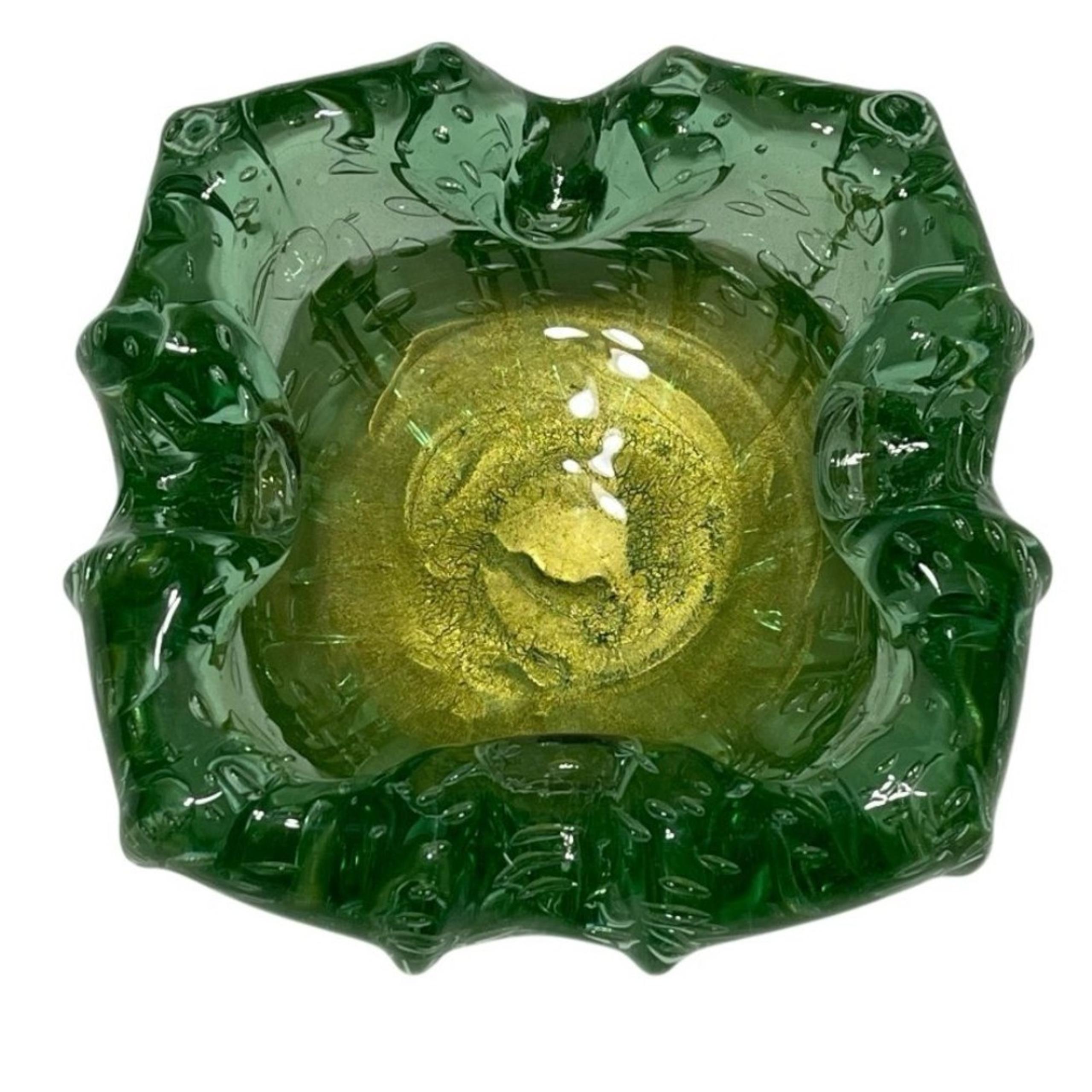 Murano Art Glass Green Gold Cigar Ashtray Thick Square Bowl Bubbles Decor MCM