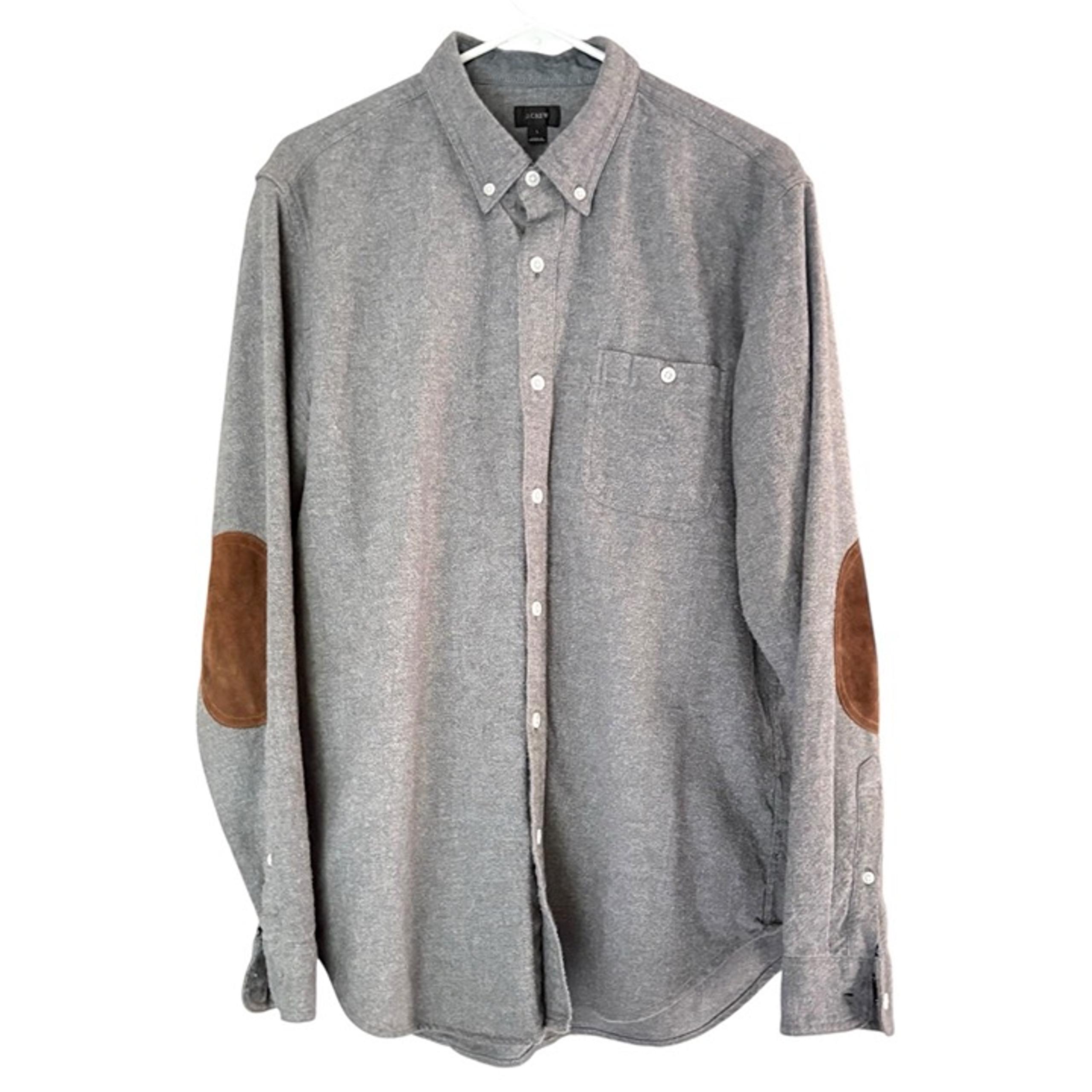 J.CREW Men’s Flannel Shirt Button-Up Gray Large Cotton/Wool Elbow Patches