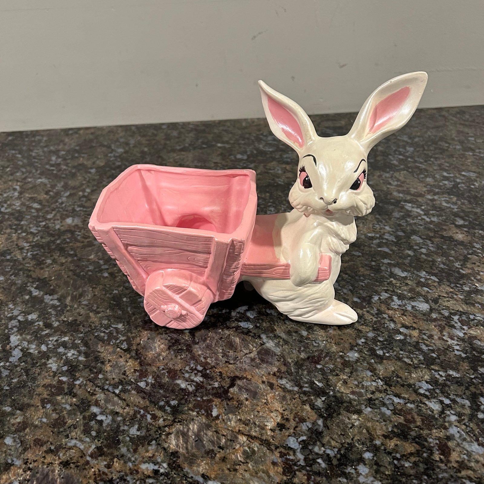 Vintage ceramic Hand Painted Bunny Pulling Pink Cart Easter Decoration