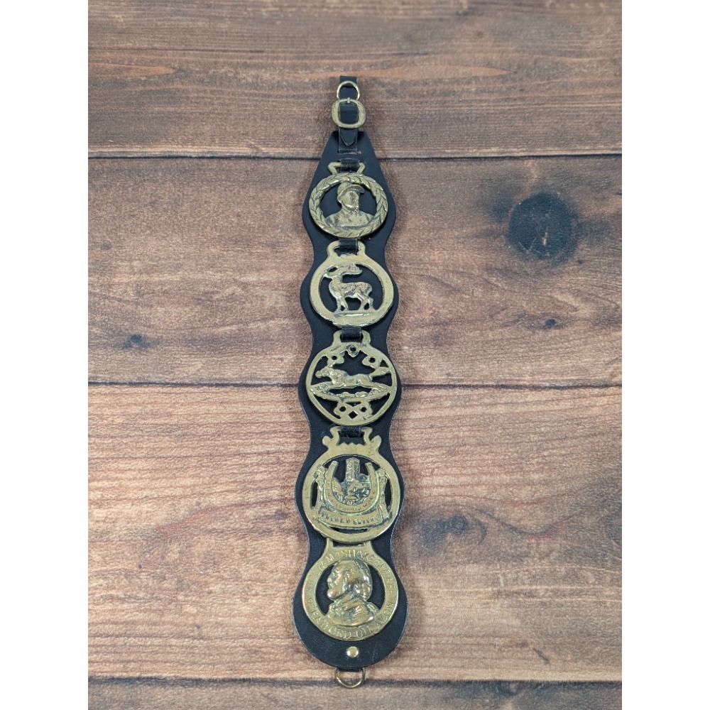 Vintage Set of 5 Horse Brass Hanger Leather Strap Equestrian Decor Souvenir