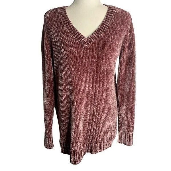 Orvis Velvety Chenille Pullover Sweater M Purple Knit V Neck Ribbed Knit Trim