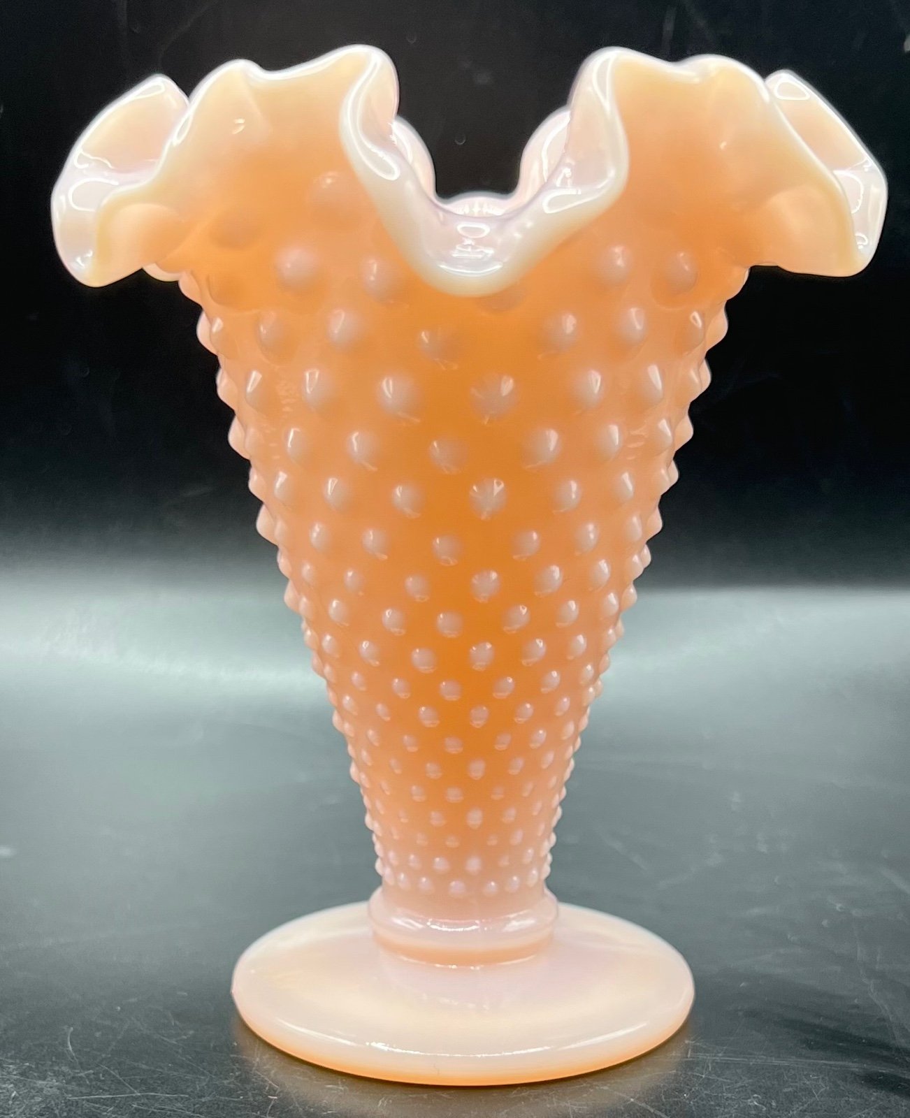 Fenton Pink Milk Glass Small Vase Hobnail Ruffled Edge