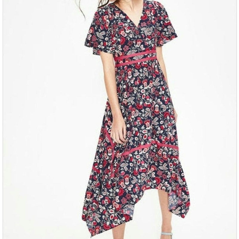 Boden Holly Hanky Hem Floral V Neck Short Sleeve A Line Midi Dress Size 4