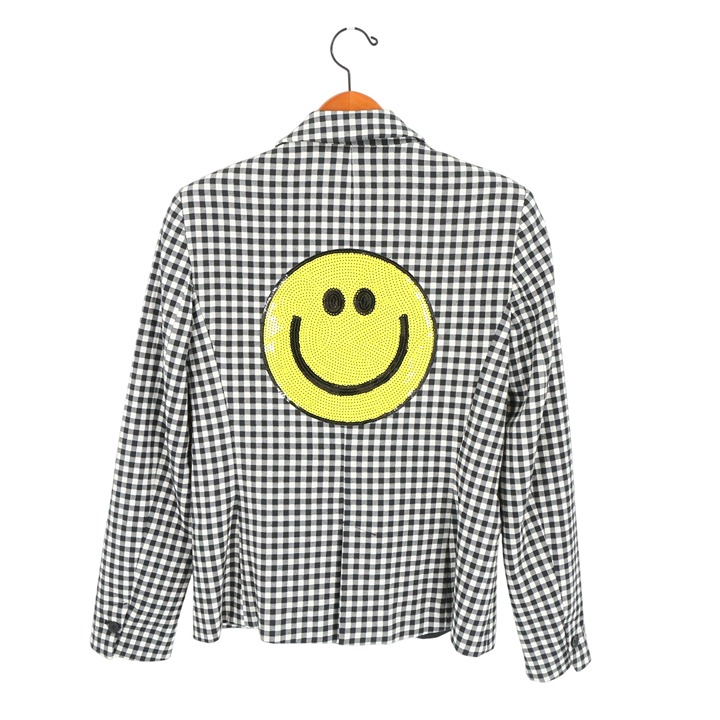 Hipchik Couture Black White Gingham Check Sequin Smile Face Blazer Jacket 6