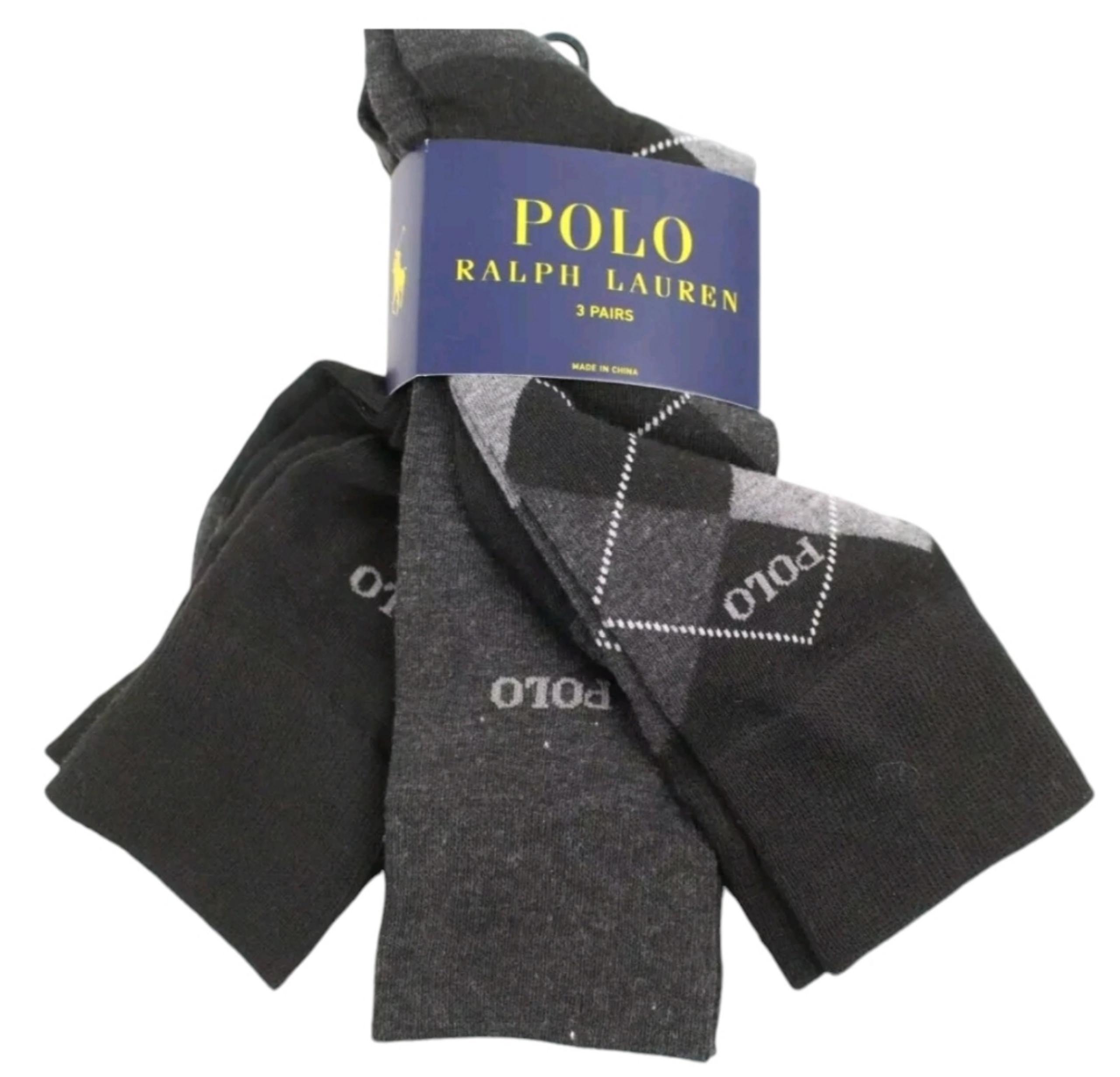 Polo Ralph Lauren Men's 3 Pair Argyle Dress Socks Cotton 10-13 Black Gray