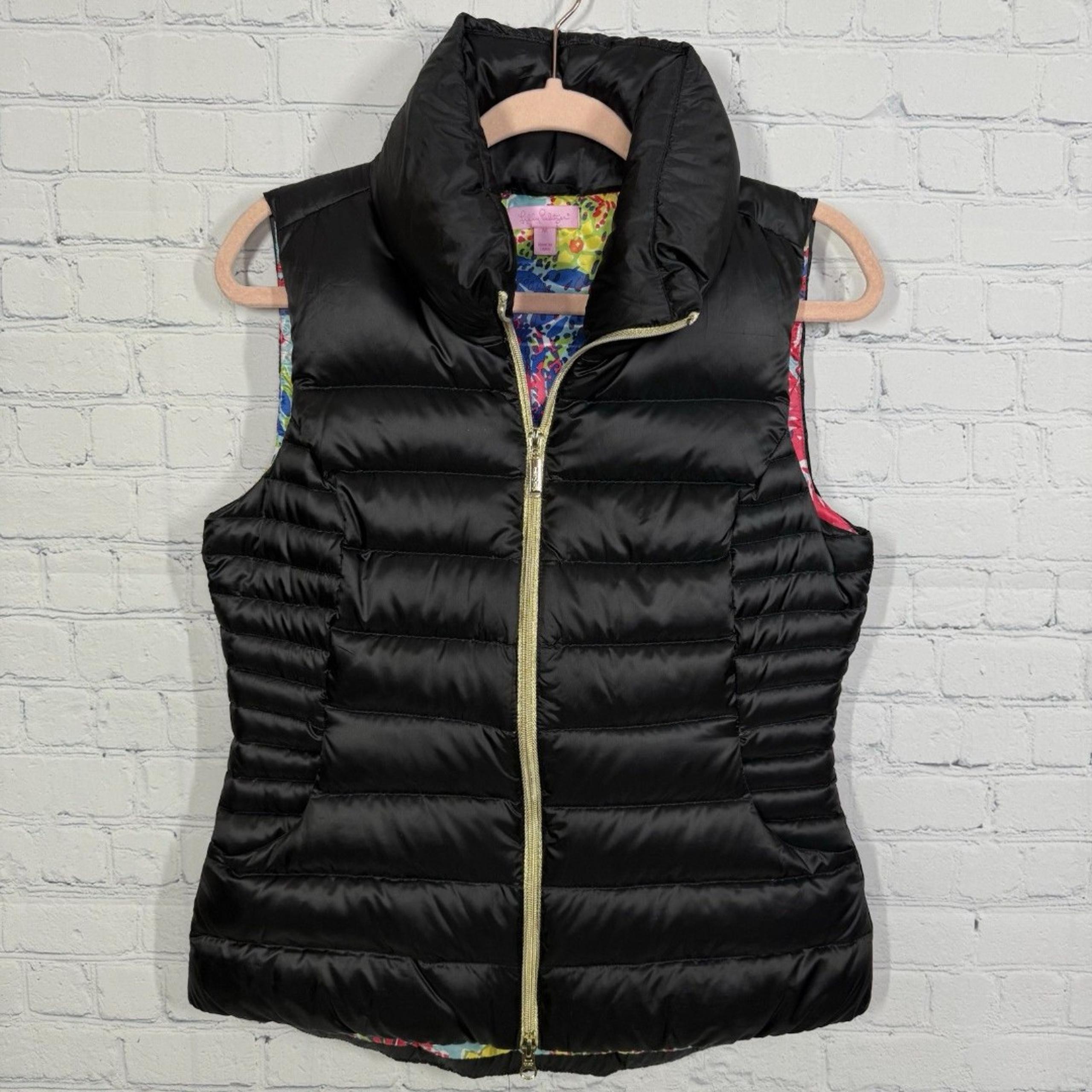 Lilly Pulitzer Vest Women Medium Black Puffer Jacket Logo Quilted Full Zip Prepp