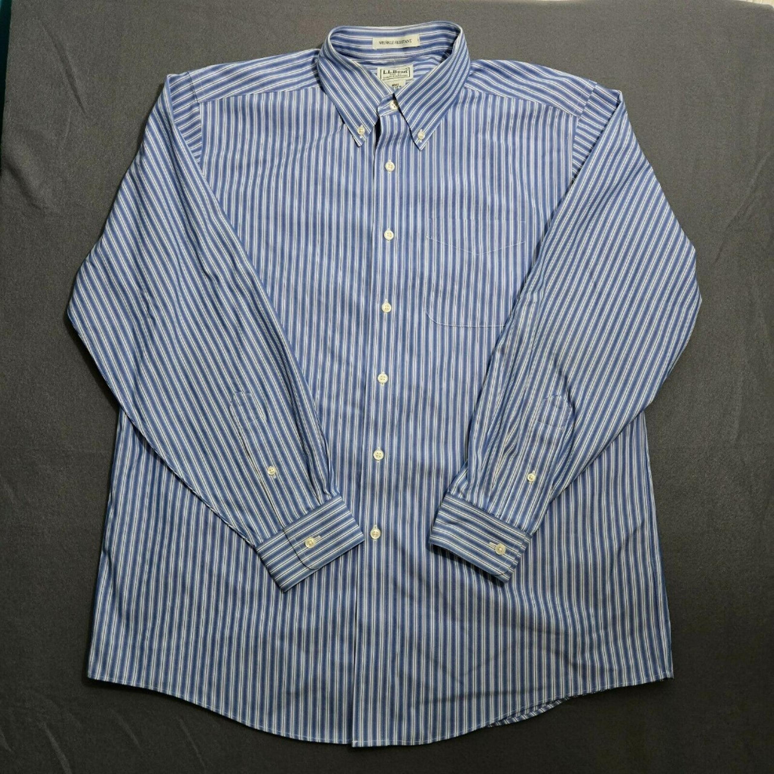 L.L. Bean Men 34-16 Wrinkle Resistant Blue Striped Dress Shirt Long Sleeve