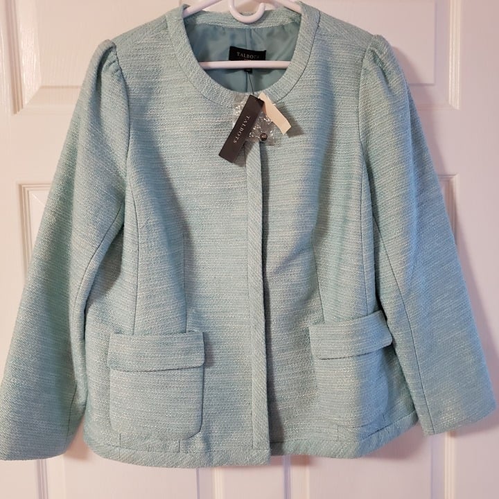 Talbots Woman Fully Lined Tweed Blazer Snap Front w/Pockets Aqua Size 14W NWT