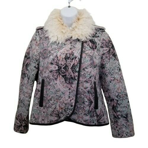 Anthropologie Elevenses 4P Moto Jacket Woman Pink Purple Paisley Faux Fur Wool
