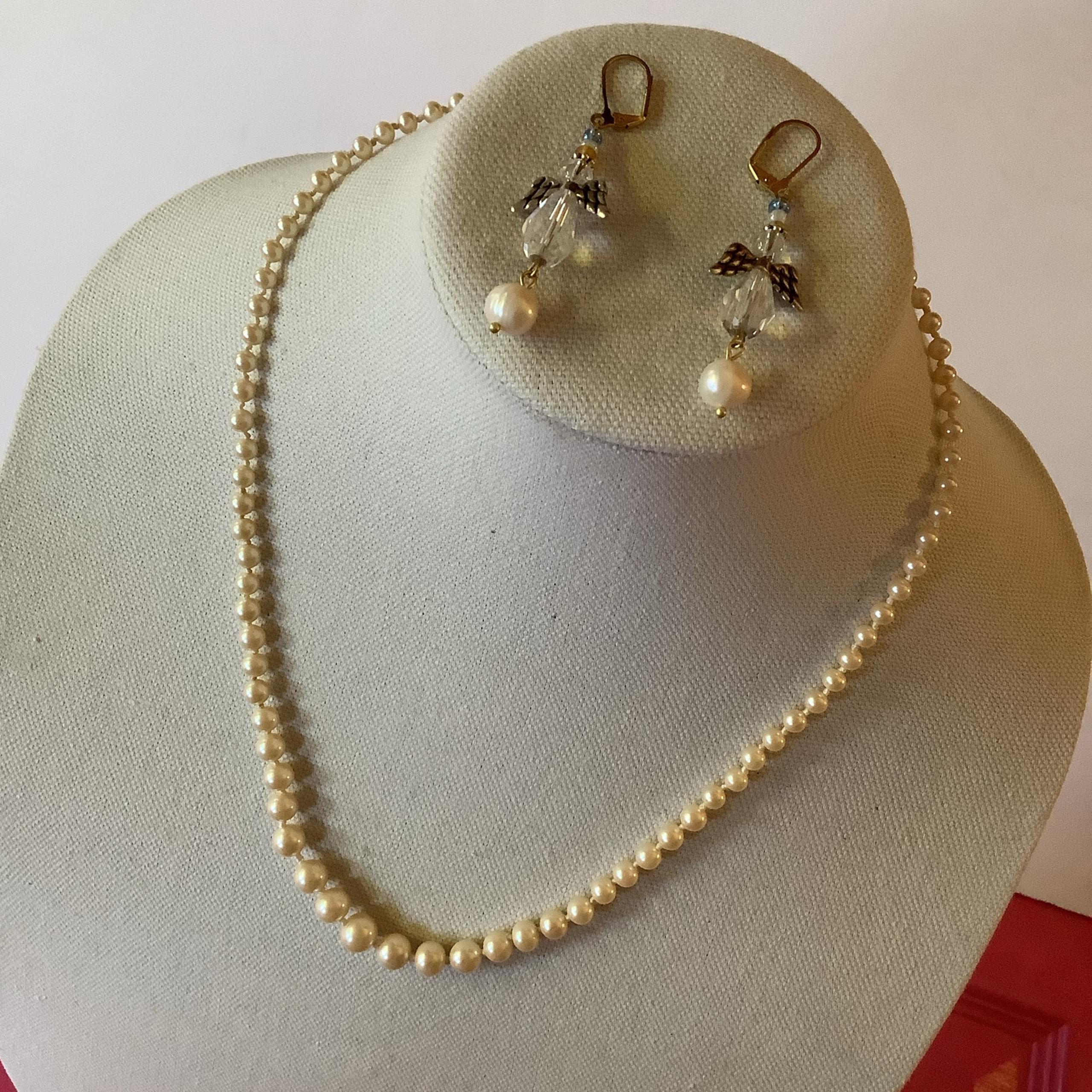 Vintage Y2K Faux Pearl Necklace& Modern Handmade Angel Pearls earrings