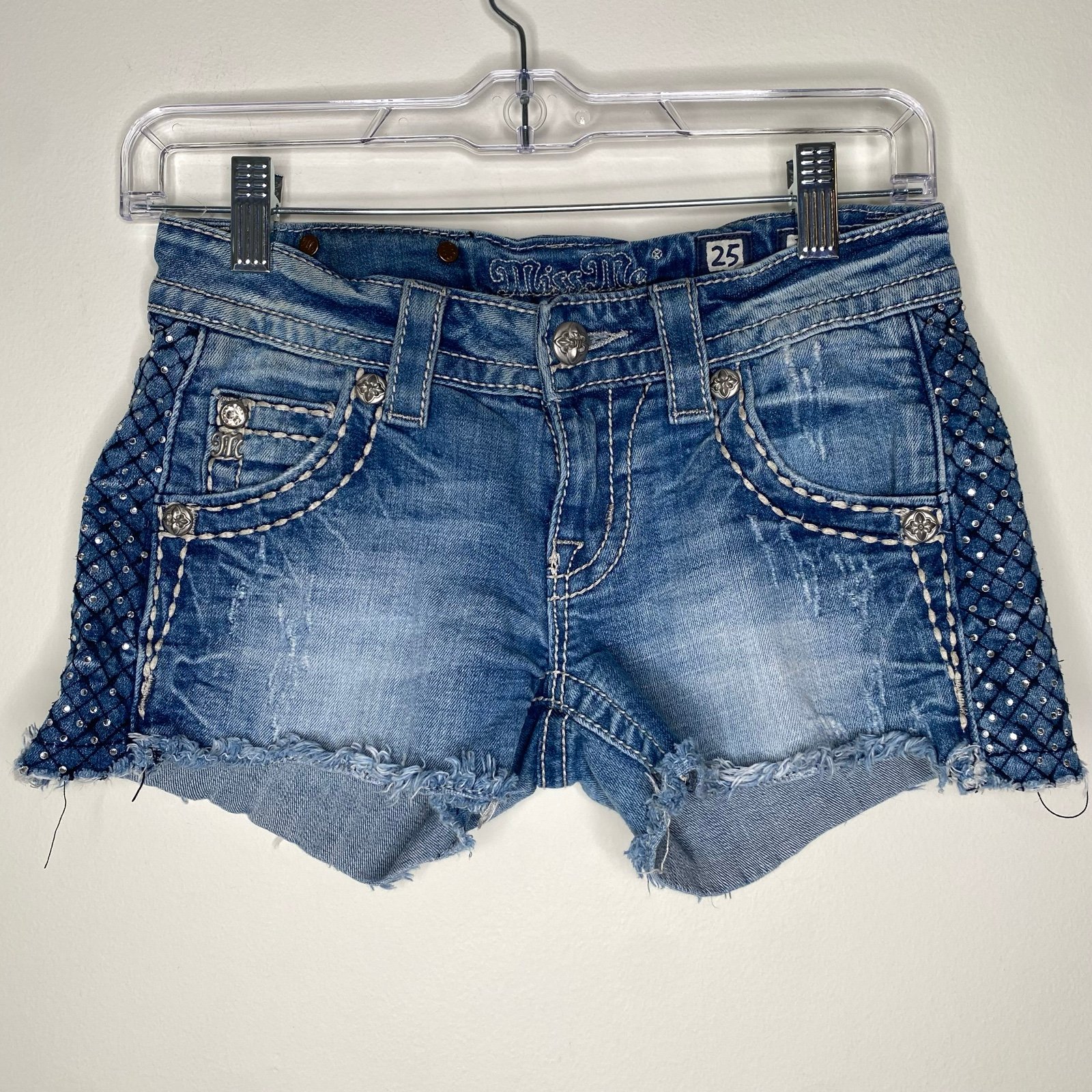 Miss Me Distressed Cutoff Jean Shorts Y2K Bling Sz 25