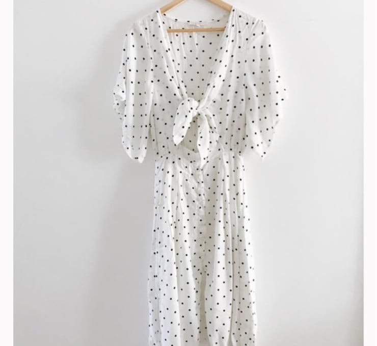 White Tie Front Midi Polka Dot Dress
