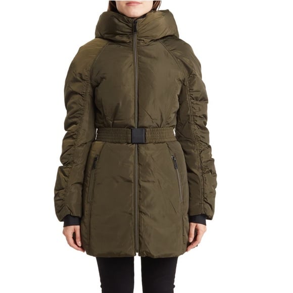 Laundry by Shelli Segal Hooded Belted Parka Jacket In MilitGry