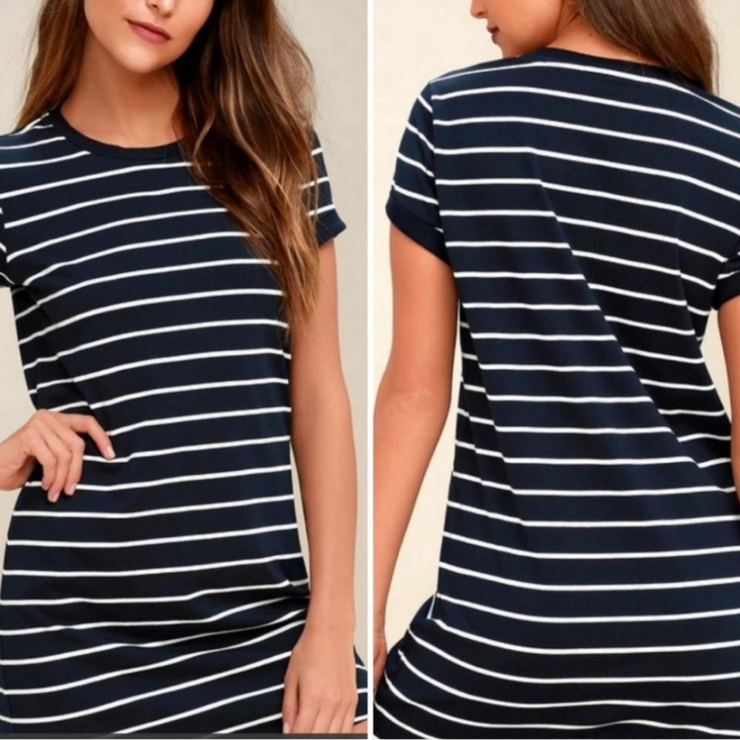 Lulu's Cafe Society Navy Blue Striped Shirt Dress w- cuffed sleeve Size Medium.
