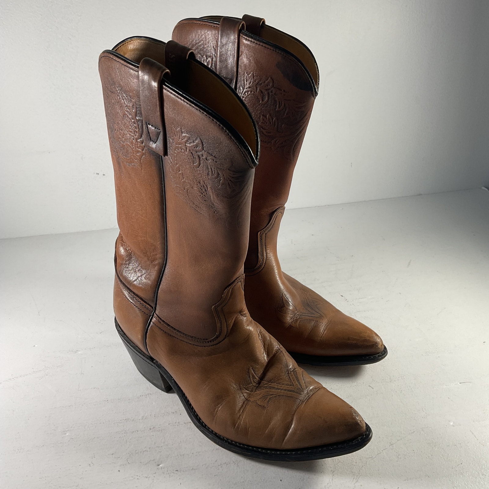 VTG Stuart McGuire Chestnut Leather Embroidered Western Cowboy Boots Mens 9.5D