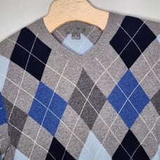 DANIEL CREMIEUX Men's V-Neck 100% CASHMERE Gray Blue ARGYLE Sweater Size XL