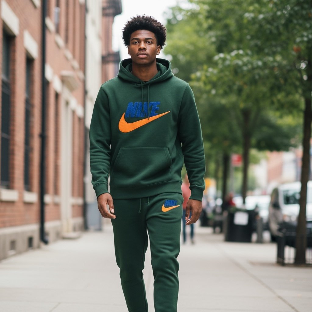 Nike Club Fleece Mens Pullover Green Sweatsuit With Blue and Orange Accents