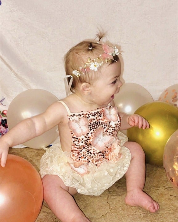 9-12 Rose gold boho Birthday Romper Easter Lace Dress butterfly outfit floral