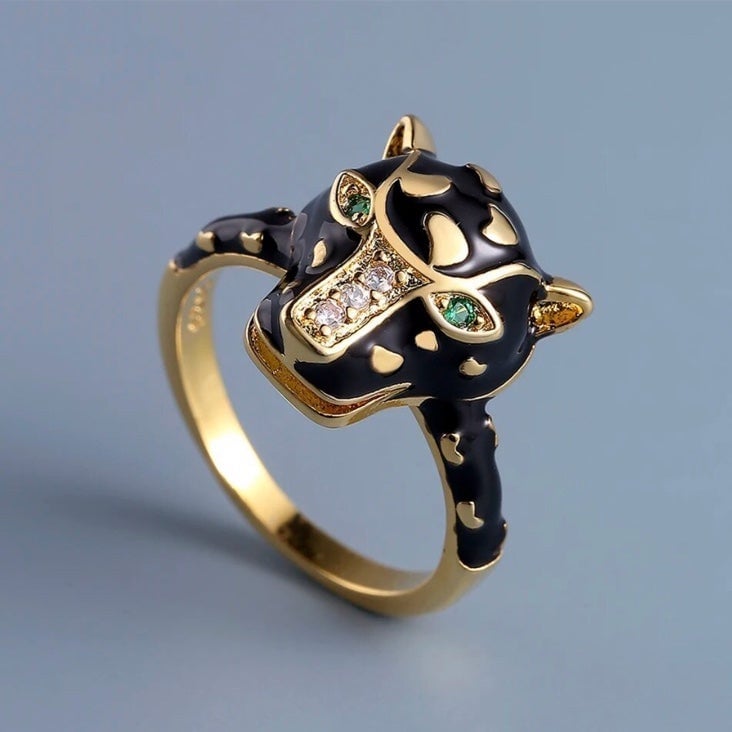 S925 gold plated Domineer Panther Head Enamel ring