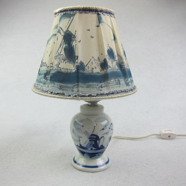 Vintage Blue Delft Hand Painted Table Lamp & Shade Holland Dutch Windmill WORKS